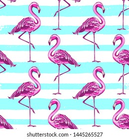 Summer seamless pattern with pink flamingo and blue lines. Hand drawn vector background