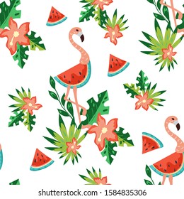 Summer seamless pattern with pink flamingo, watermelon slice and tropical leaves, flat vector illustration. Endless background texture for fabric prints and invitation cards.