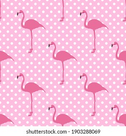 Summer seamless pattern with pink flamingo bird on white dotted background.