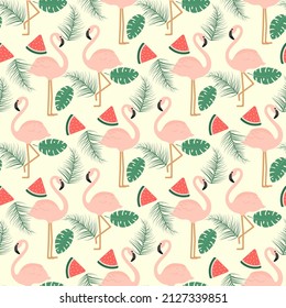 summer seamless pattern with pink flamingo, tropical leaves and watermelon pieces