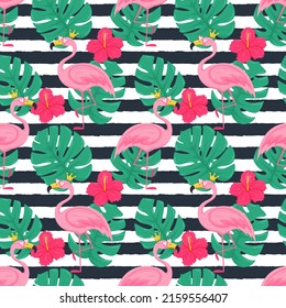 Summer seamless pattern with pink flamingo in a crown and sunglasses, monstera leaves, hibiscus flowers. Bright vector illustrations in a flat cartoon style on a background with dark texture stripes.