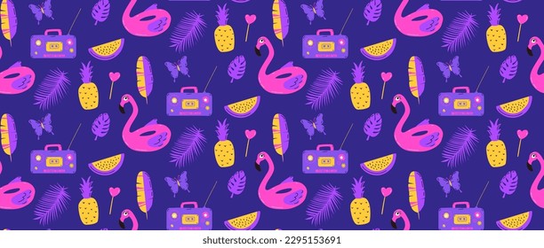 Summer seamless pattern, pink flamingo swimming trunk and tropical leaves background. Colorful print for textile, apparel and paper design