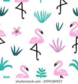 Summer Seamless pattern with pink flamingos and tropical plants. Vector illustration