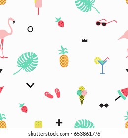 Summer seamless pattern with pink flamingos, ice cream, strawberry. Memphis style with geometric elements and plants 