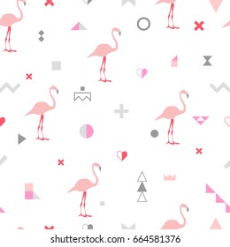 Summer seamless pattern with pink flamingos. Memphis style with geometric elements and plants. Vector illustration