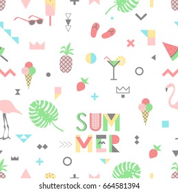 Summer seamless pattern with pink flamingos. Memphis style with geometric elements and plants. Vector illustration