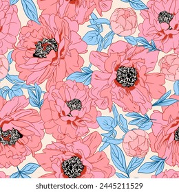 Summer seamless pattern with pink peonies on a white background, vector illustration on a white background