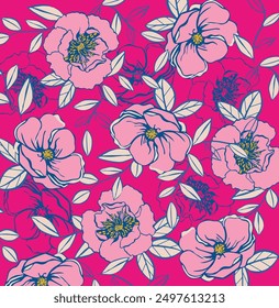 Summer seamless pattern with pink peonies on a white background, vector illustration on a white background