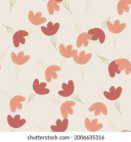 Summer seamless pattern with pink random outline flowers elements print. Grey pastel background. Vector illustration for seasonal textile prints, fabric, banners, backdrops and wallpapers.