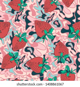 Summer seamless pattern with pink strawberries and hand drawn lettering it' summer time for print. Strawberries on a sweet background. Mint berries, candy pattern is suitable for printing on textiles,