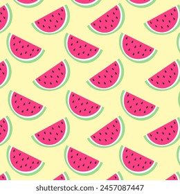 Summer seamless pattern with pink watermelon. Cute vector illustration on yellow pastel background