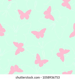 Summer seamless pattern with pink and white silhouettes of butterflies. Vector.