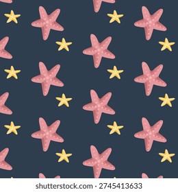 Summer seamless pattern with pink and yellow starfish on deep navy blue background. Vector marine illustration.