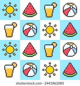 summer seamless pattern, pixel art elements, sun, juice, watermelon, beach ball, 8 bit old arcade game style, summer background, wrapping, poster and more, vector illustration