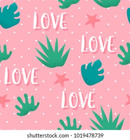 Summer seamless pattern in polka dot with tropical plants and text love on pink background. Ornament for textile and wrapping. Vector.