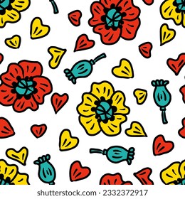 Summer seamless pattern with poppies, poppy boxes and petals. Perfect print for tee, paper, textile and fabric. Doodle vector illustration for decor and design.
