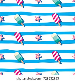 summer seamless pattern, popsicle, starfish