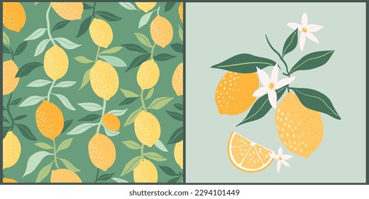 Summer seamless pattern and poster, card with lemons, branch with fruits,  flowers and leaves, seasonal design - Shutterstock ID 2294101449