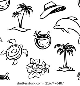 summer seamless pattern. print for clothes. beach season. vector doodle illustrations. line graphics