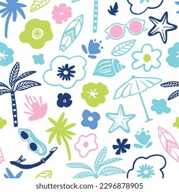 Summer seamless pattern print.Abstract flower,palm tree,surfboard,sunglasses seamless pattern. Fun t-shirt design.Vector illustration design for fashion fabrics, textile graphics, print.