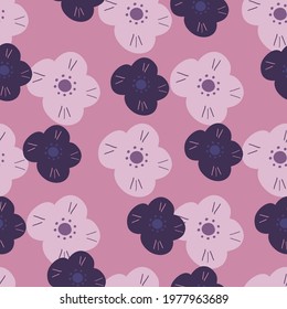 Summer seamless pattern with purple flower silhouettes shapes. Lilac background. Decorative kids backdrop. Great for fabric design, textile print, wrapping, cover. Vector illustration.