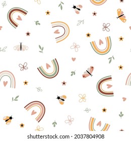 Summer seamless pattern with rainbows butterflies and flowers. Kids illustration. Cute wallpaper and fabric print. Perfect for fabric, wrapping, textile, wallpaper, apparel. 