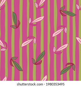 Summer seamless pattern with random little leaves outline ornament. Pink and green striped background. Perfect for fabric design, textile print, wrapping, cover. Vector illustration.