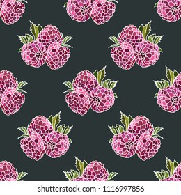 Summer seamless pattern with raspberry,   on black background, for print design, fabric design, vector illustration