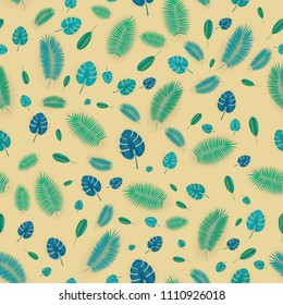 Summer seamless pattern with realistic tropical palm leaves design. Exotic jungle backdrop