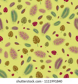 Summer seamless pattern with realistic tropical palm leaves design. Exotic jungle backdrop