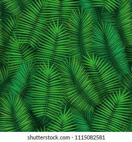 Summer seamless pattern with realistic tropical palm leaves design. Exotic jungle backdrop