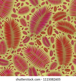 Summer seamless pattern with realistic tropical palm leaves design. Exotic jungle backdrop