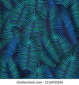 Summer seamless pattern with realistic tropical palm leaves design. Exotic jungle backdrop