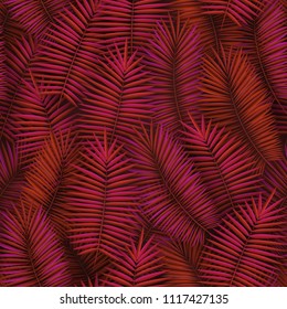 Summer seamless pattern with realistic tropical palm leaves design. Exotic jungle backdrop