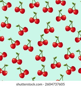 summer seamless pattern with red cherries on a blue background