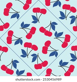 Summer seamless pattern with red cherry fruit. Background for textile, wrapping paper, fashion, vector eps.