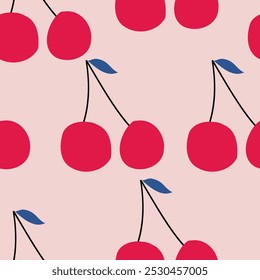 Summer seamless pattern with red cherry fruit. Background for textile, wrapping paper, fashion, vector eps.