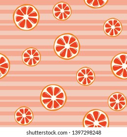 Summer seamless pattern with red grapefruits. Fruit striped repeating background. Vector bright print on fabric