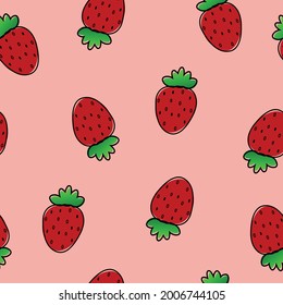 Summer seamless pattern with red little strawberries on pink background. Print for textile, clothes, t-shirts, backgrounds, wrapping.