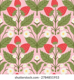 Summer seamless pattern with red strawberries, green leaves, and small white flowers on a soft pink background, inspired by garden berries, botanical motifs, and warm seasonal freshness.
