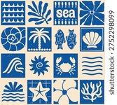 Summer seamless pattern. Repeating geometric pattern with marine elements, coral, fish, seaweed and crab in Matisse style. Design for wallpaper and fabric printing. Hand drawn vector illustration