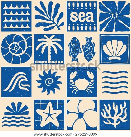 Summer seamless pattern. Repeating geometric pattern with marine elements, coral, fish, seaweed and crab in Matisse style. Design for wallpaper and fabric printing. Hand drawn vector illustration