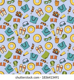 Summer seamless pattern. Rest, beach accessories. Endless textures for your design.