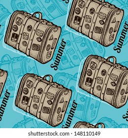 Summer seamless pattern in retro style with suitcases with stickers