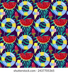 summer seamless pattern with ring,  watermelon and ice cream. Tropical floral background