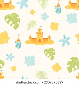 Summer seamless pattern with sand castle, shells, corals on white background. Vector illustration in flat style for design, wallpaper, wrapping paper, fabric