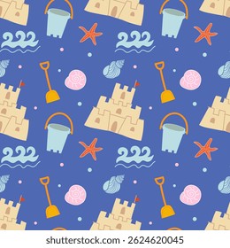 Summer seamless pattern with sandcastle, bucket, shovel, starfish, waves, shells. Cute beach and vacation hand drawn doodle elements. Vector design for print, fabric, wallpaper or wrapping paper. 