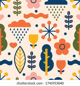 Summer seamless pattern in scandinavian style. Can be used in textile industry, paper, background, scrapbooking.