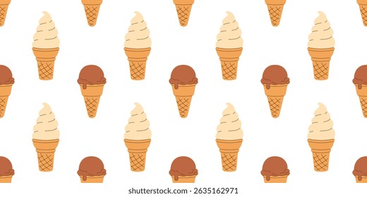 Summer seamless pattern scoop of creme brulee, chocolate ice cream, vanilla soft gelato in waffle cone on white background. National Ice Cream Day wallpaper. Hand drawn flat EPS