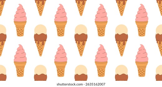 Summer seamless pattern scoop of vanilla, creme brulee, chocolate ice cream, strawberry soft gelato in waffle cone on white background. National Ice Cream Day wallpaper. Hand drawn flat EPS 